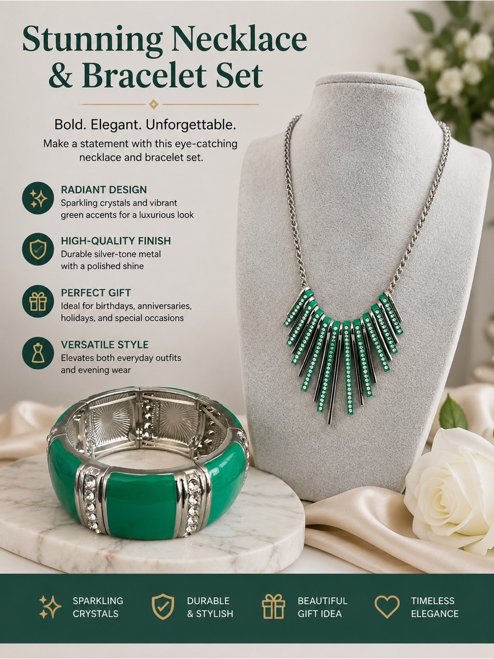 paparazzi Green Crystal Statement Necklace & Bracelet Set